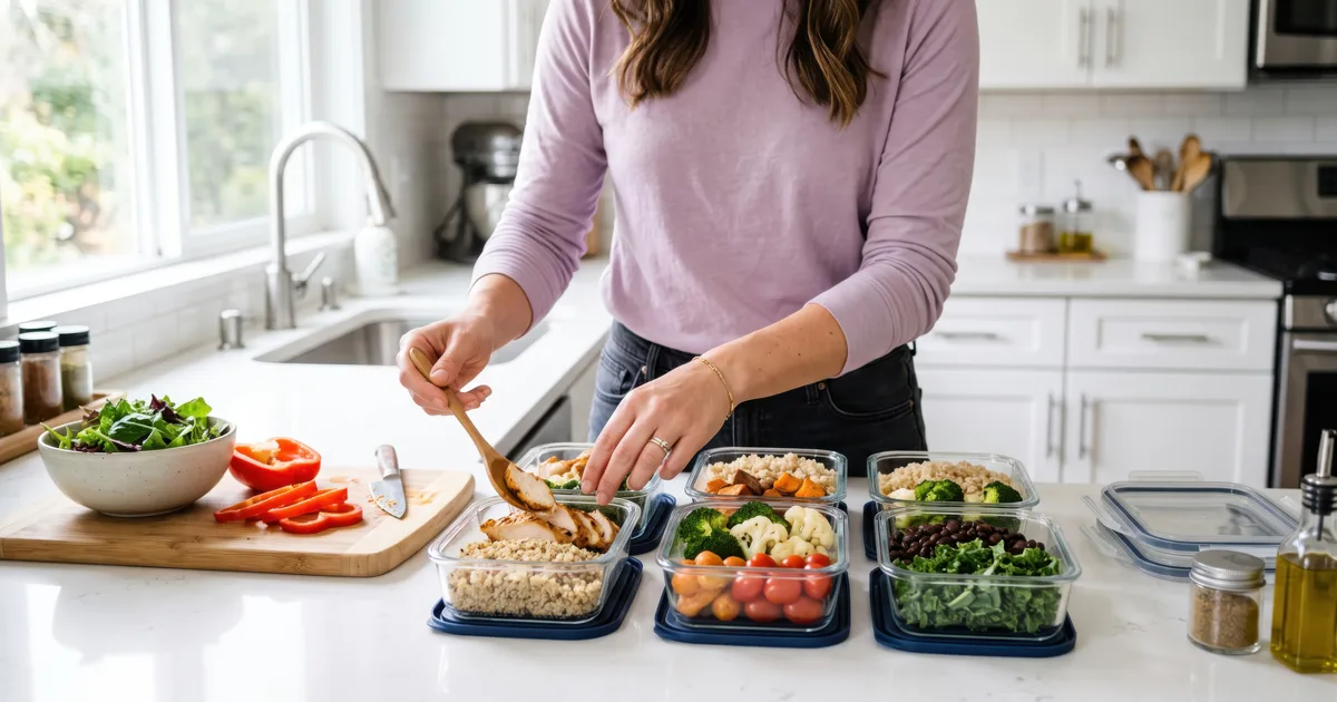 Persona preparando varios recipientes de comida saludable en la encimera de una cocina