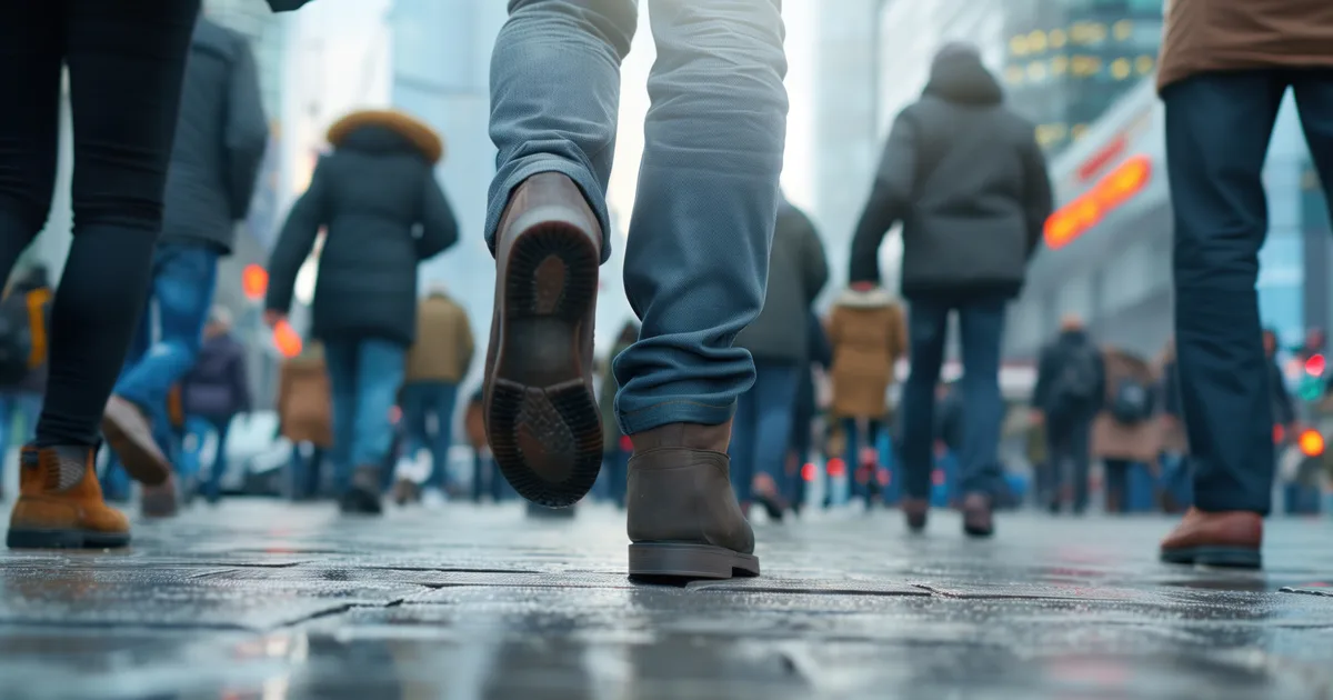 Grupo de personas caminando a paso rápido por una calle concurrida de la ciudad