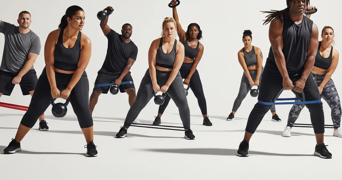 Grupo diverso de personas entrenando con pesas y bandas elásticas en un gimnasio