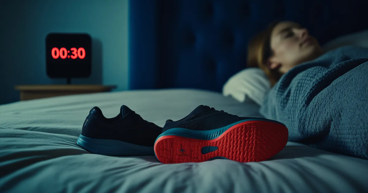 Zapatillas de correr sobre la cama en primer plano, con una mujer acostada al fondo y un despertador que marca las 00:30