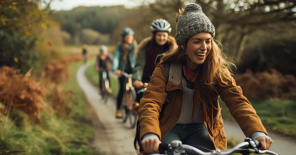 Grupo de amigas paseando en bicicleta por un camino rural en otoño, sonrientes