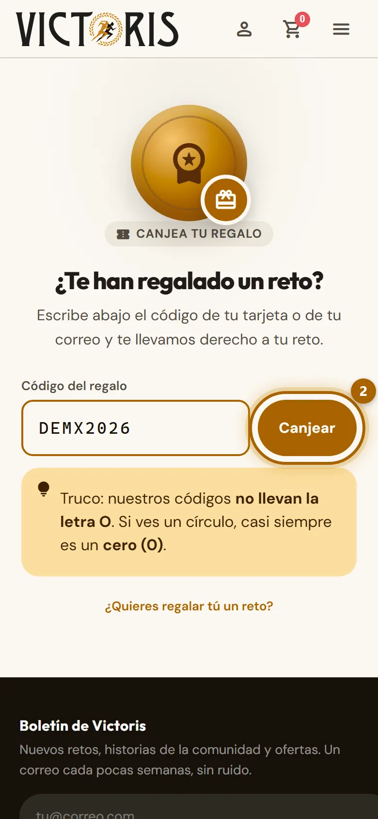 Campo «Código del regalo» con el botón «Canjear» marcado.