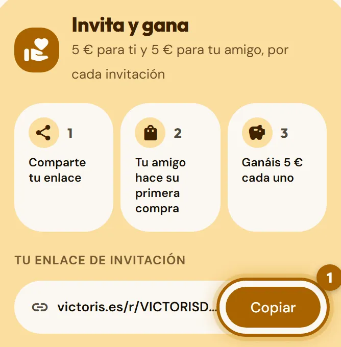 Tarjeta «Invita y gana» con el enlace de invitación y el botón «Copiar» marcado.