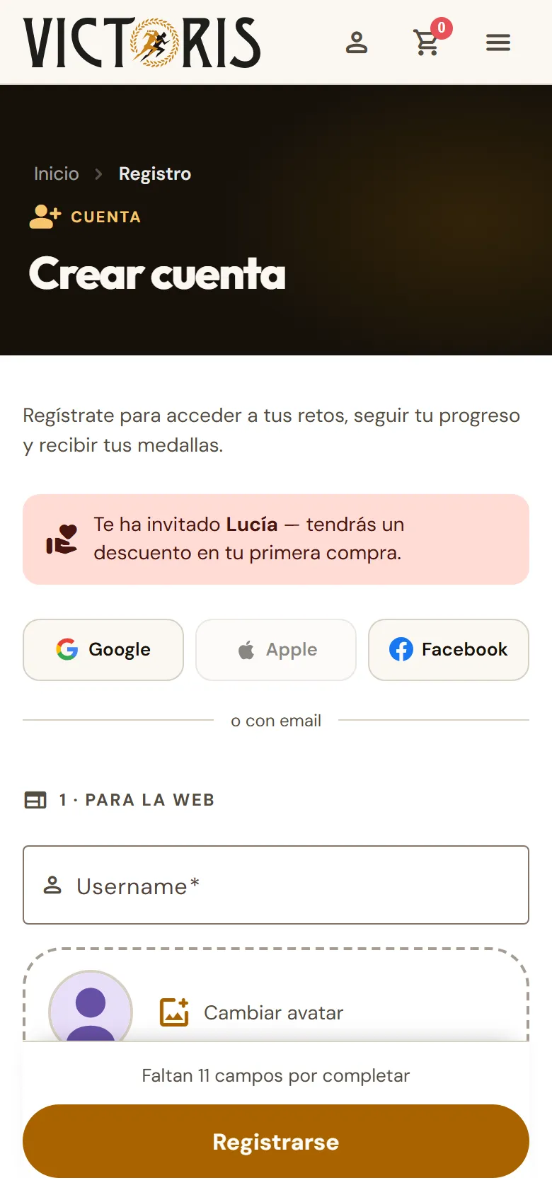 Registro abierto desde un enlace de invitación, con el aviso de quién invita.