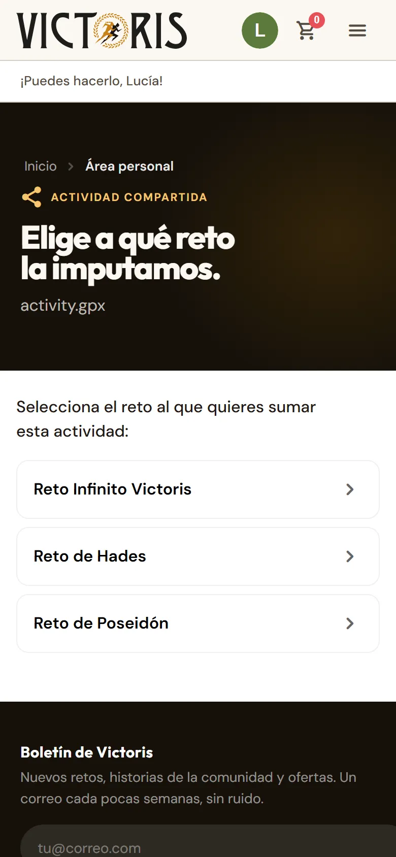 Pantalla «Elige a qué reto la imputamos» con los retos activos.