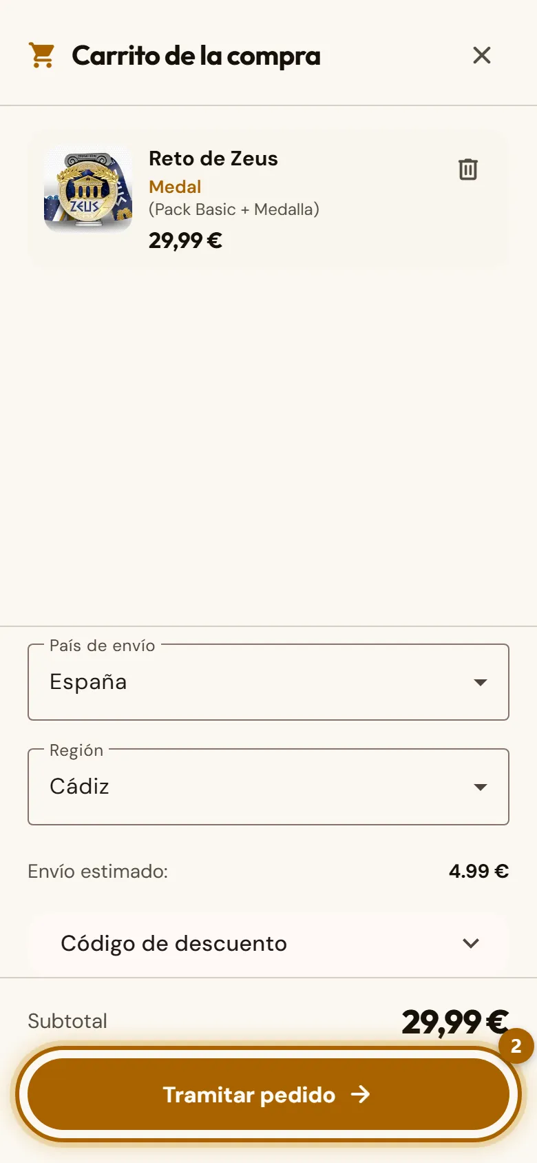 Carrito con el campo del código de descuento y el botón «Tramitar pedido» marcado.