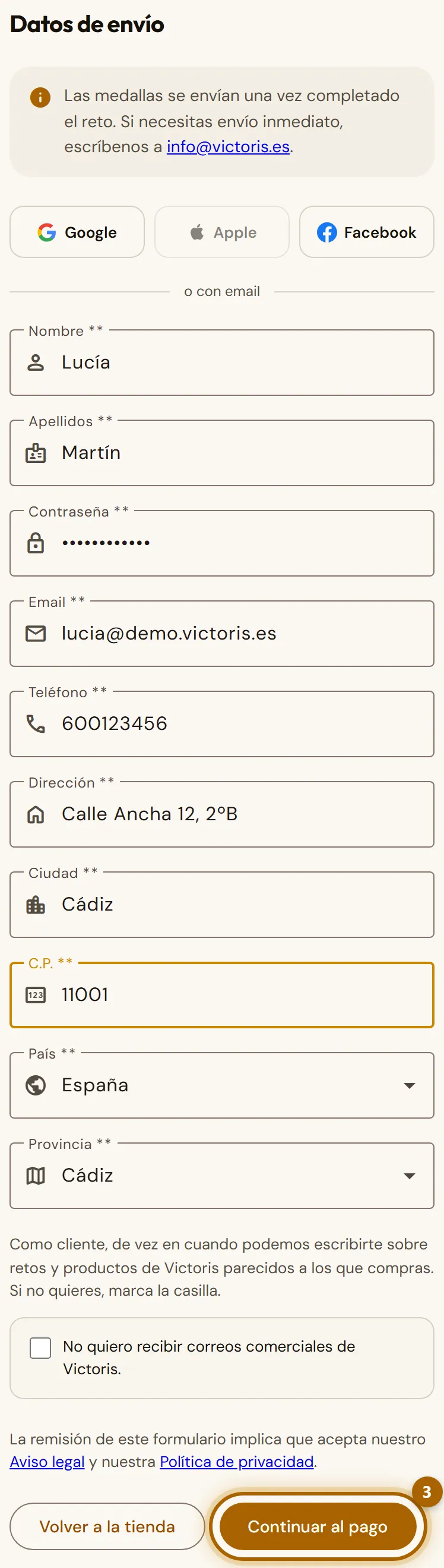 Formulario «Datos de envío» con el botón «Continuar al pago» marcado.