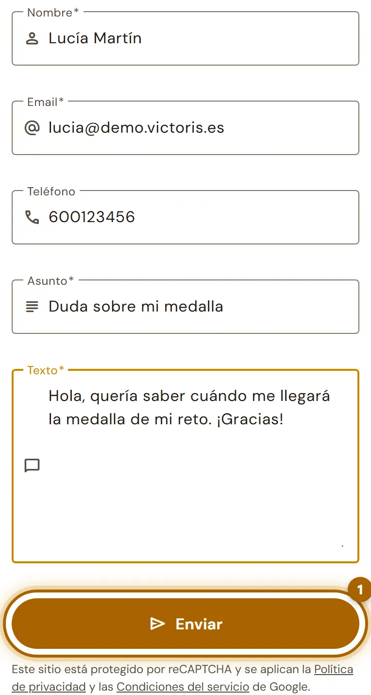 Formulario de contacto con el botón «Enviar» marcado.