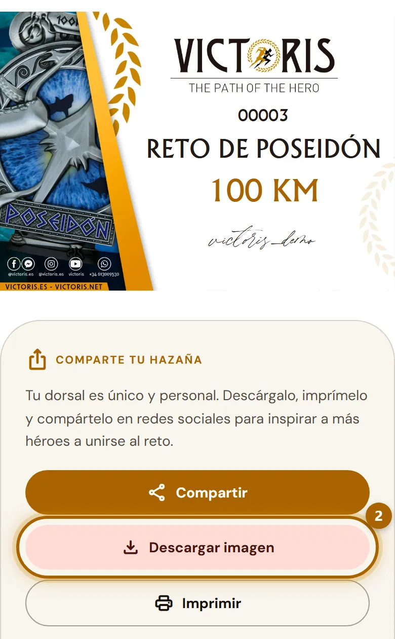 Dorsal personal con los botones para descargar, imprimir y compartir.