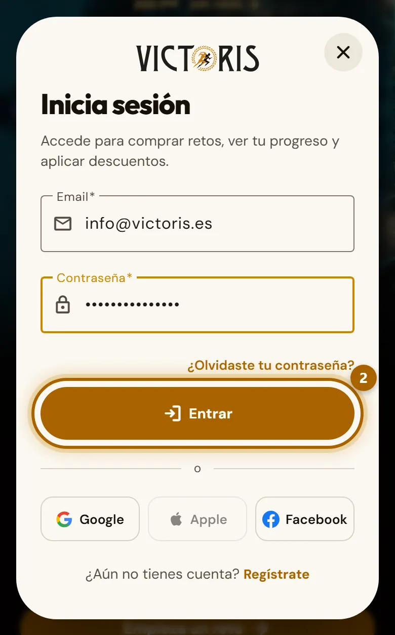 Ventana «Inicia sesión» con el email y la contraseña rellenos y el botón «Entrar» marcado.