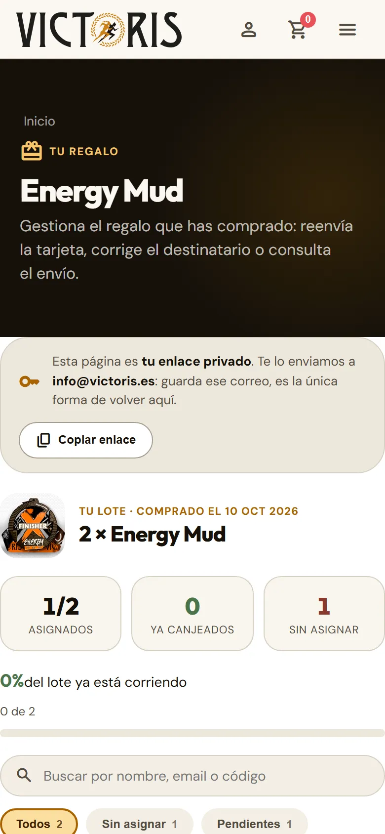 Página de gestión de un regalo con sus opciones.