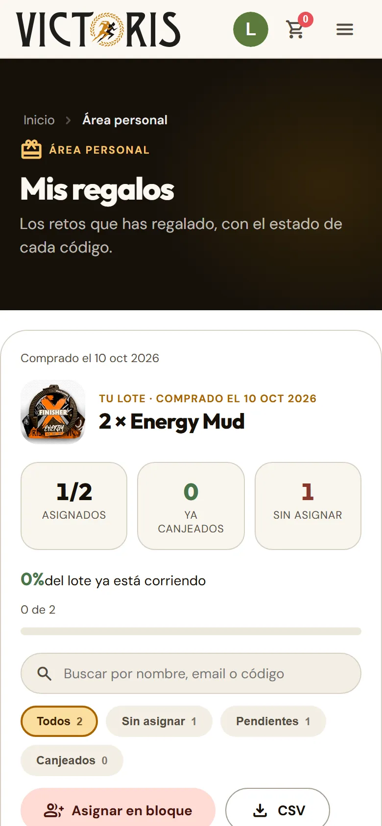 Página «Mis regalos» con los regalos y su estado.