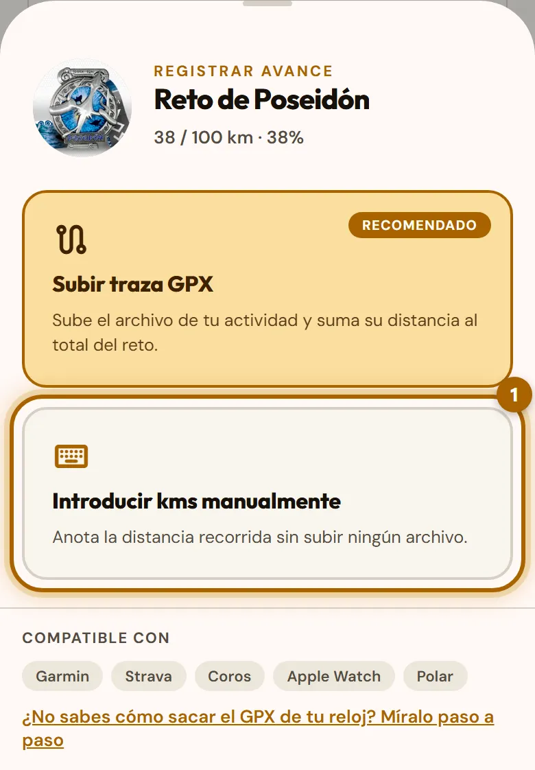 Ventana «Registrar avance» con la opción «Introducir kms manualmente» marcada.