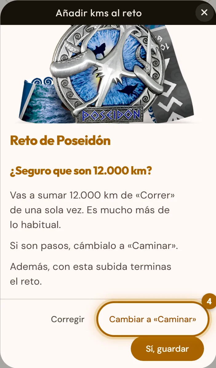Aviso «¿Seguro que son 12.000 km?» con los botones «Corregir», «Cambiar a «Caminar»» y «Sí, guardar».