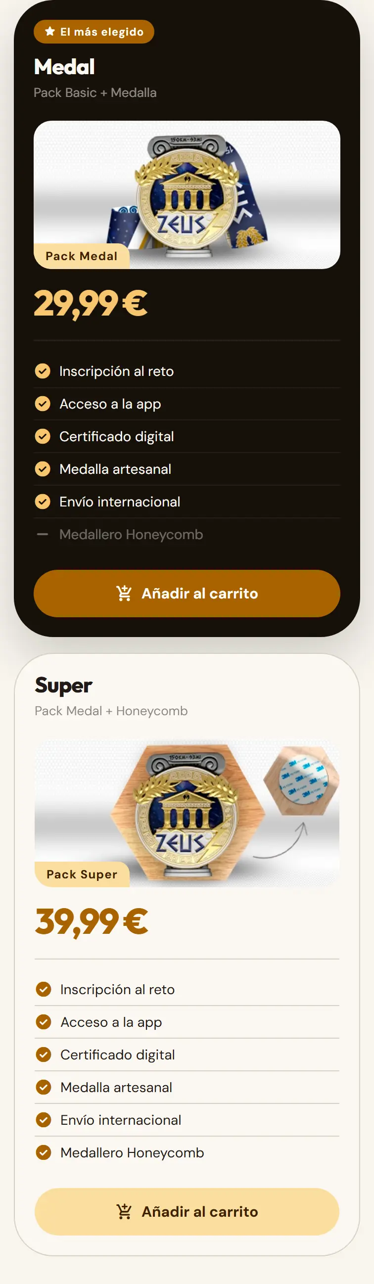 Tarjetas de los packs de un reto con su precio.