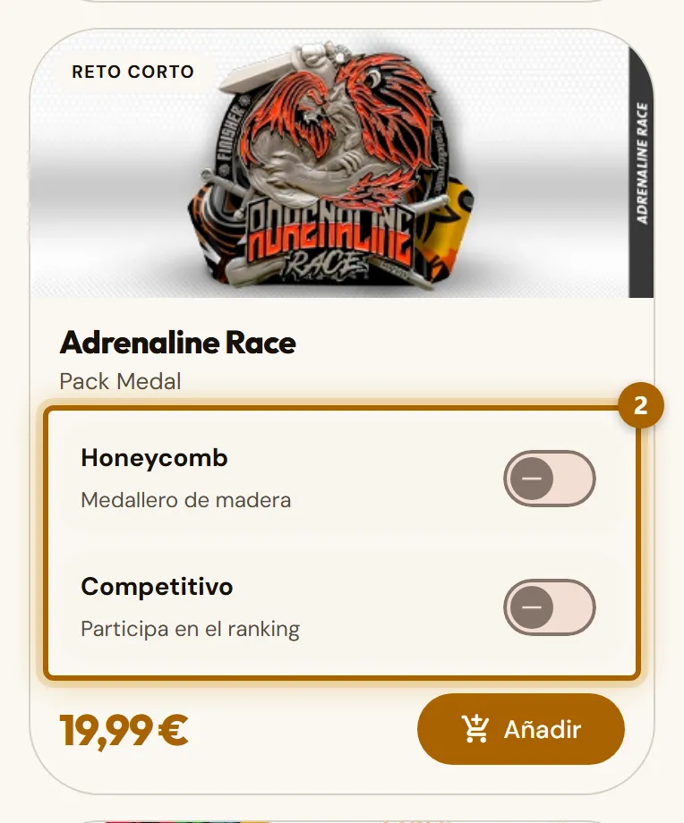Tarjeta de un reto en la tienda con los interruptores «Medalla» y «Competitivo» marcados.