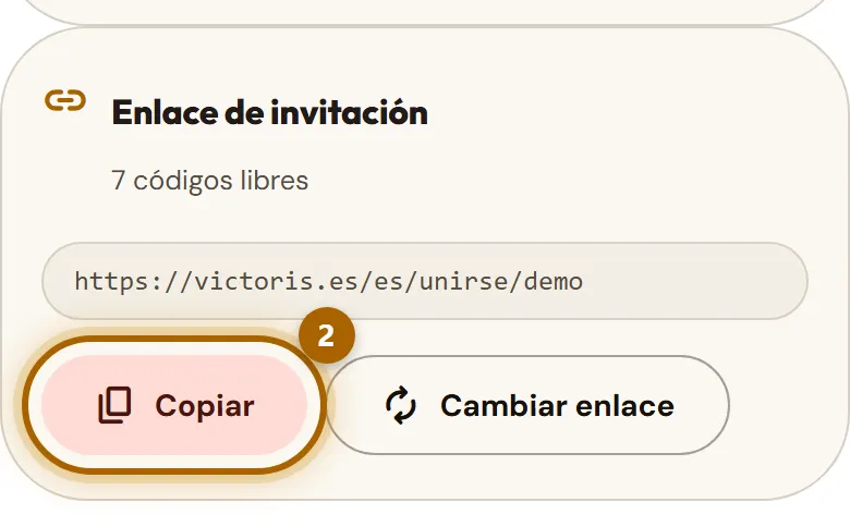 Panel del organizador con el enlace de invitación.