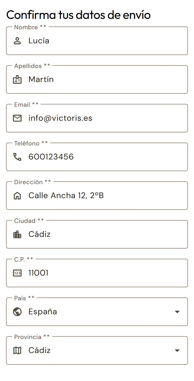 Formulario «Confirma tus datos de envío».