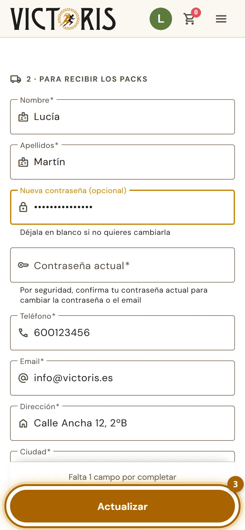 Campos de contraseña del perfil y botón «Actualizar» marcado.