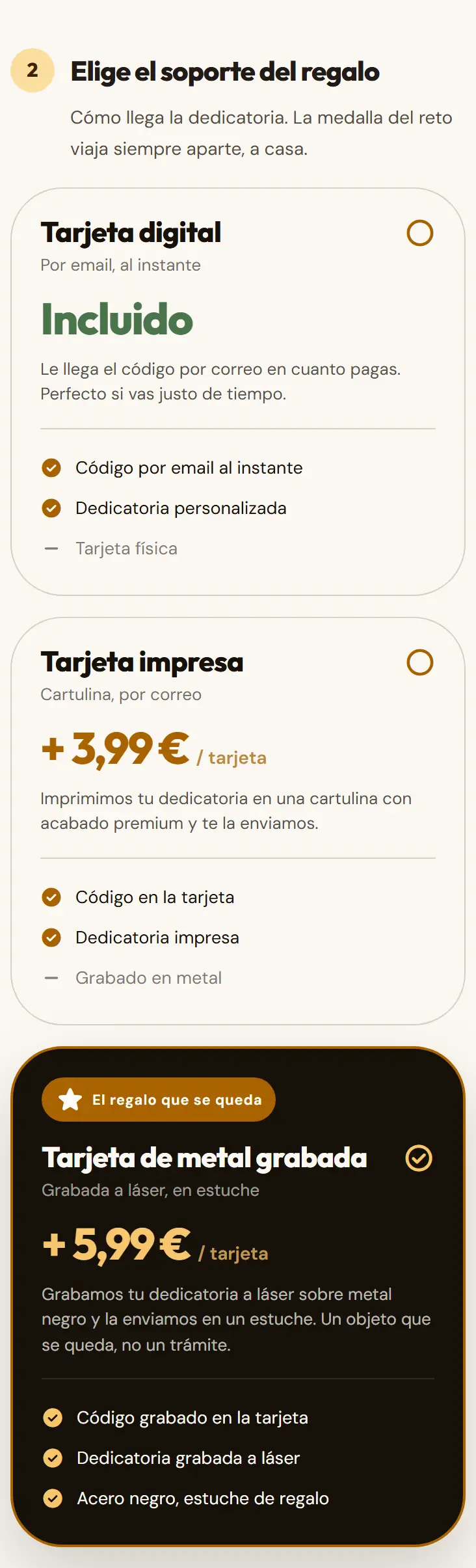 Elección del soporte del regalo: digital, tarjeta impresa o tarjeta metálica.