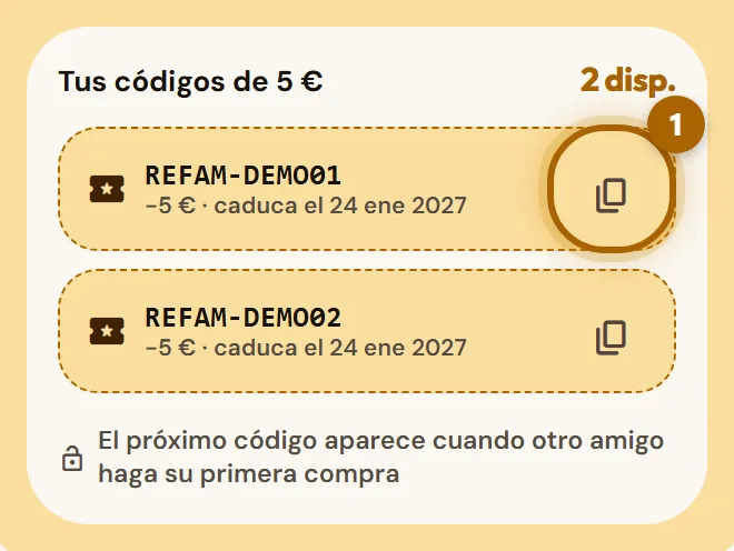 Lista «Tus códigos de 5 €» con un código y su botón de copiar marcado.