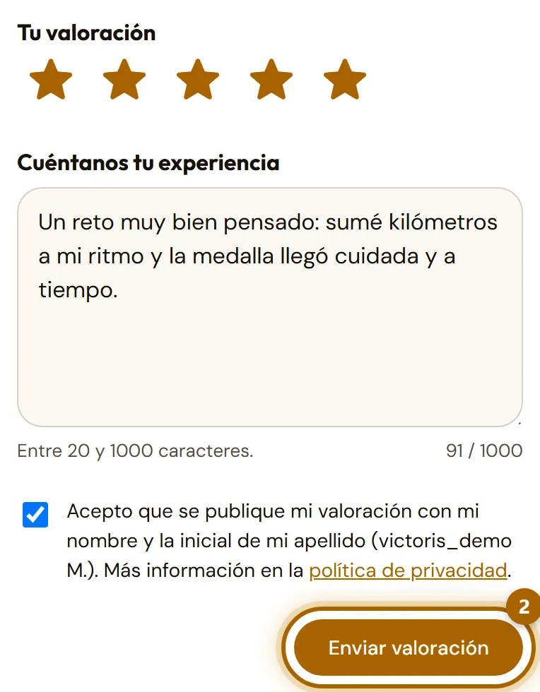 Formulario de valoración con las estrellas, el texto y el botón «Enviar valoración» marcado.